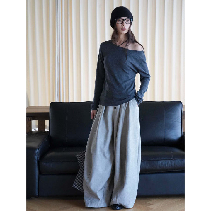 Ladies Casual One-Shoulder Fine Knit Long Sleeve with Dropped Shoulder Dress