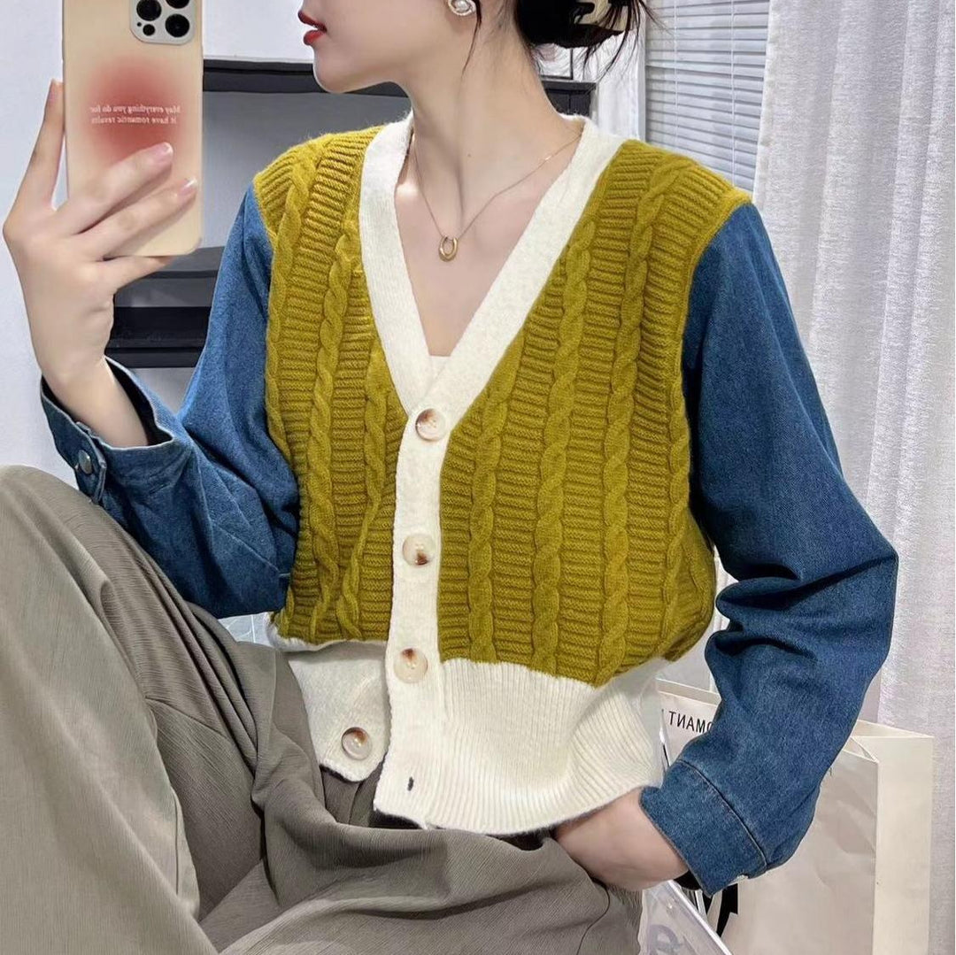 Cardigan tricoté élégant pour femmes avec des manches en denim Chic & Stil