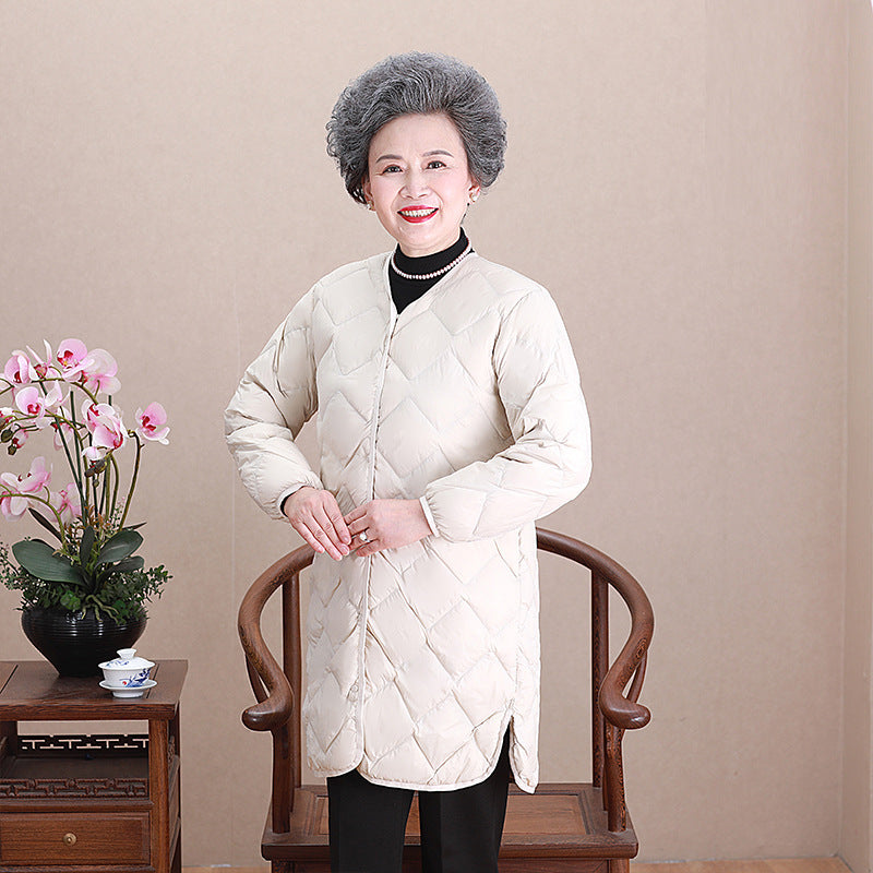 Women’s collarless long quilted thermal coat with diamond quilting Amarae