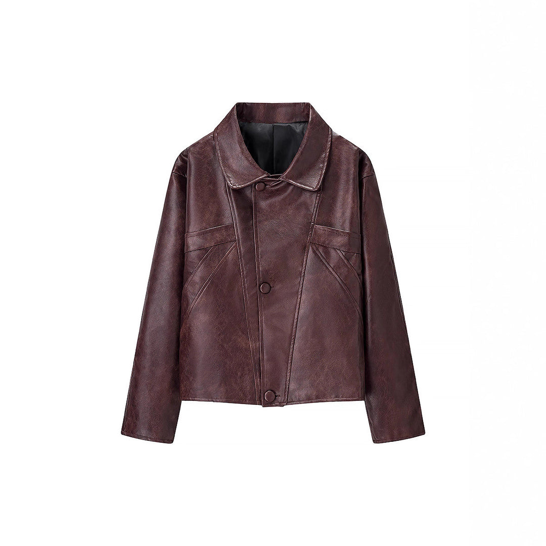 Women Short Boxy Faux Leather Blouson with Geometric Stitch Details and Shirt Collar Amarae