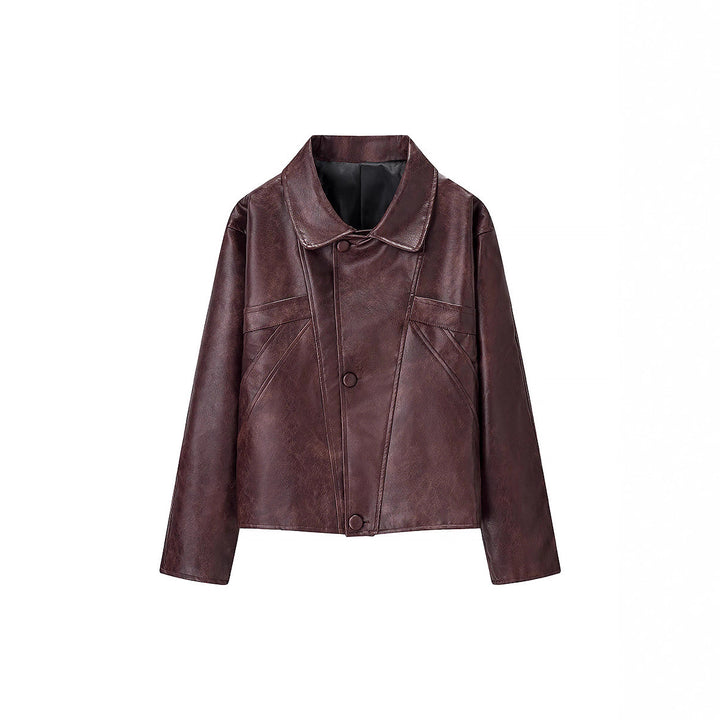 Women Short Boxy Faux Leather Blouson with Geometric Stitch Details and Shirt Collar Amarae