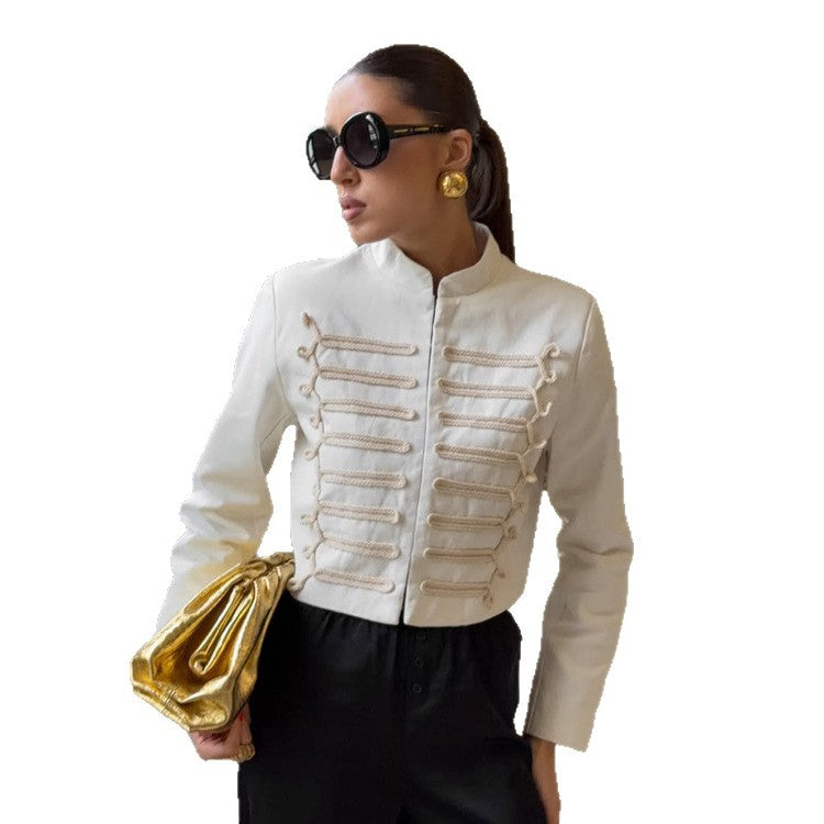 Women Cropped Military Blazer with Stand Collar and Decorative Cord Decoration Amarae