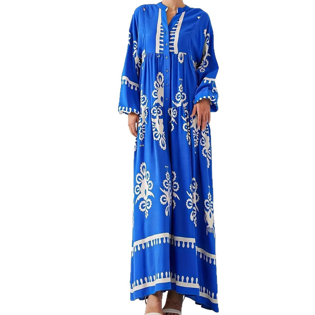 Long kaftan dress for women with floral accents and buttons Lune London
