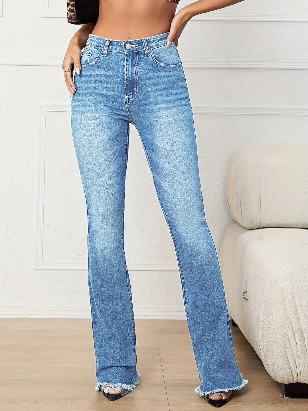 Women High-Waist Vintage Flared Jeans with Sculpting Stretch Waistband and Raw Frayed Hem Amarae