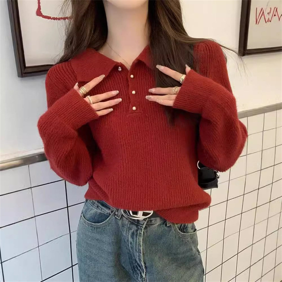Pull élégant à col polo pour femmes en drap tricot doux