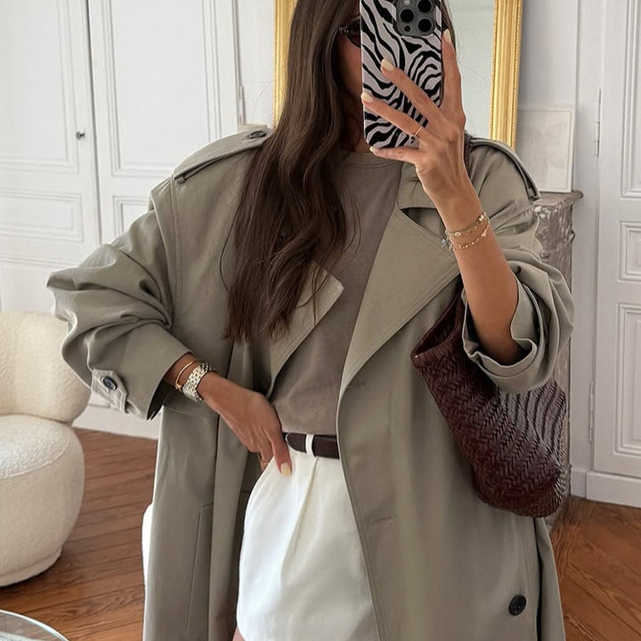Women Oversize Trench Coat made of lightweight Gabardine with shoulder flaps and waterfall collar Amarae