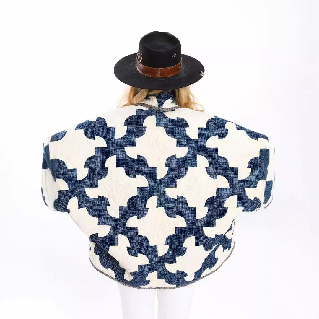 Women's Quilted Patchwork Jacket with Boxy Oversized Silhouette and Wide Kimono Sleeves Amarae