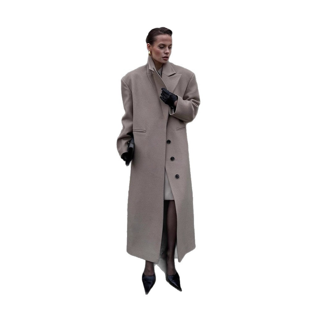 Women Maxilength Clean-Cut Wool Blend Coat with Oversized Lapels and Straight Silhouette Amarae