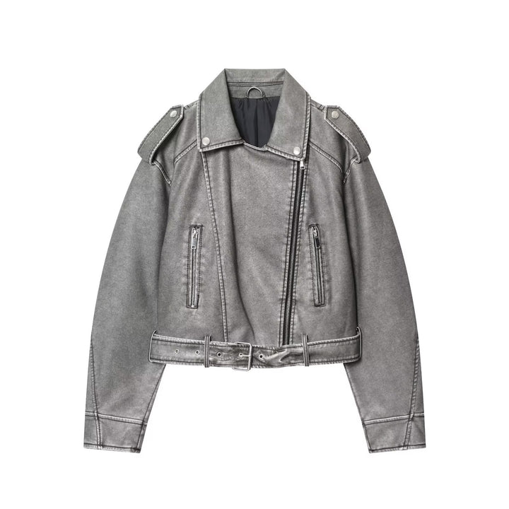 Fashionable women's biker jacket in a vintage look with a belt at the waist and zip pockets Lune London