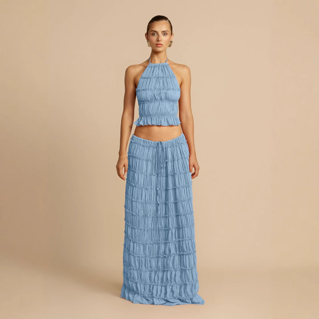 Women's Elegant and Playful Two-Piece Summer Dress with Ruffled Top and Flowing Skirt