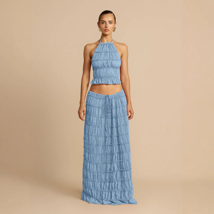 Women's Elegant and Playful Two-Piece Summer Dress with Ruffled Top and Flowing Skirt