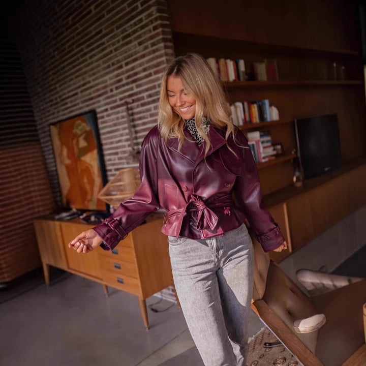 LadiesModern faux leather jacket with belt at the waist and double quilted design Lune London