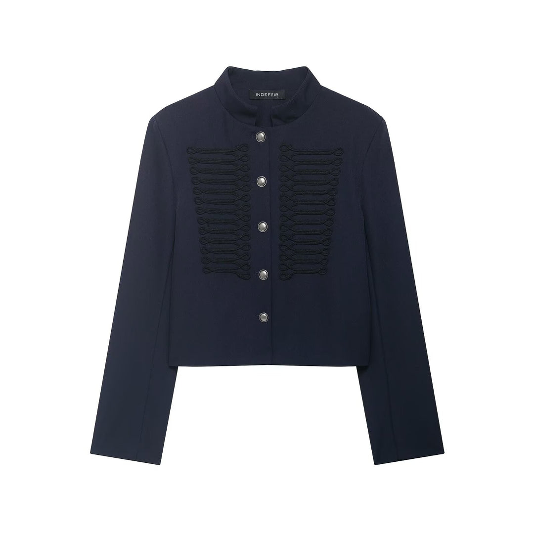 Women Short Military-Inspired Wool Blend Blazer with Stand-Up Collar and Decorative Cord Detail Amarae