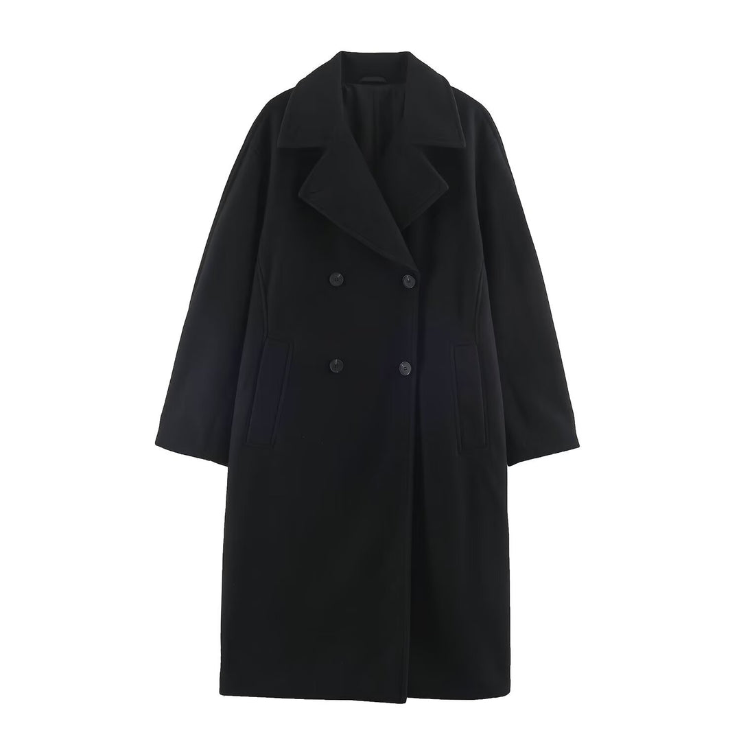 Women Mid-Length Wool Blend Double-Breasted Coat with Wide Lapels and Side Pockets Amarae
