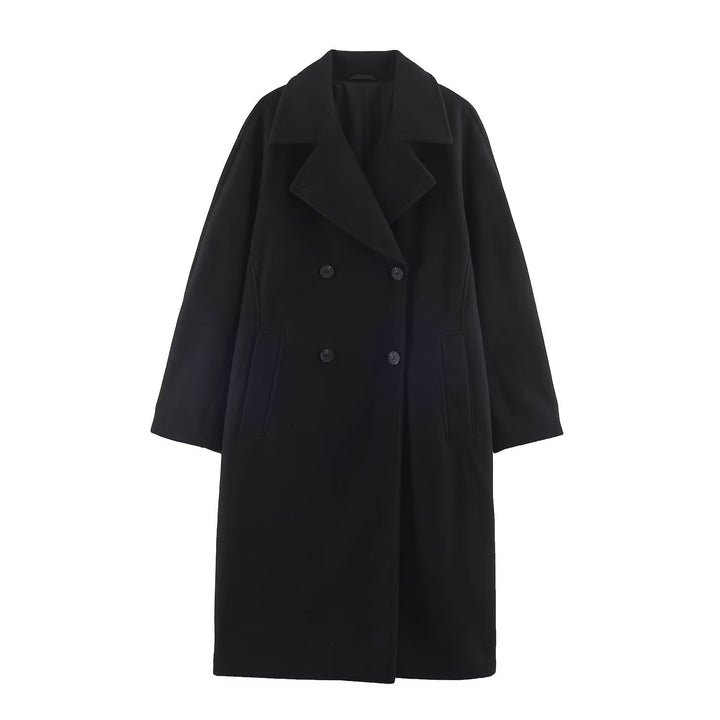 Women Mid-Length Wool Blend Double-Breasted Coat with Wide Lapels and Side Pockets Amarae