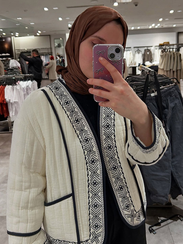 Women Quilted Kimono Cardigan with Geometric Embroidery Amarae