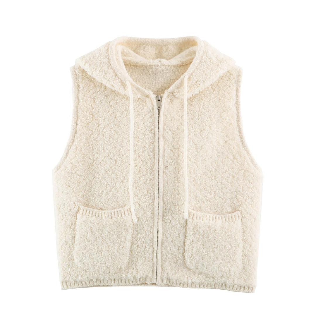 Women's Teddy Fleece Vest with Hood, Zipper and Patch Pockets Amarae