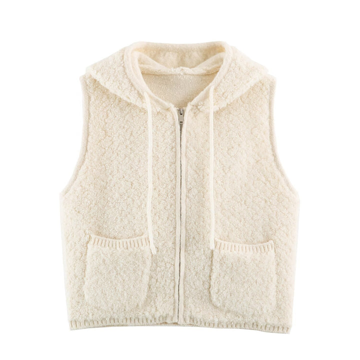 Women's Teddy Fleece Vest with Hood, Zipper and Patch Pockets Amarae