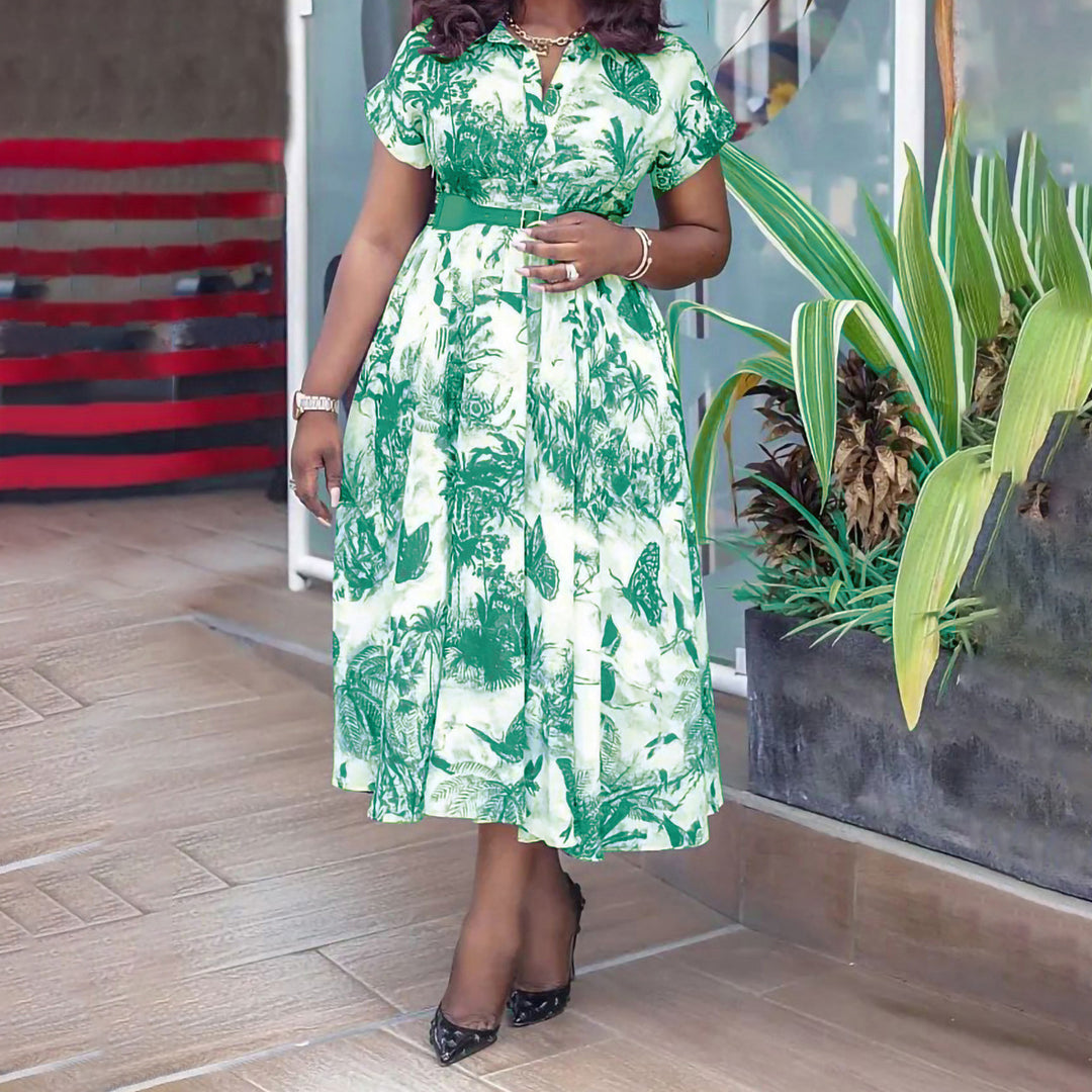 Maxi dress for women with botanical print and fitted belt Lune London