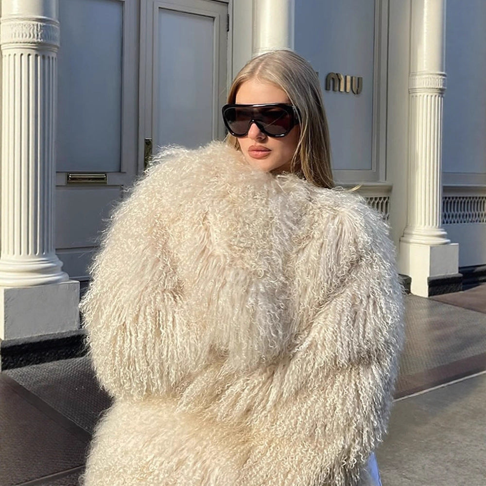 Women Extravagant Oversize Faux Fur Coat with Long Pile Curl Structure Amarae