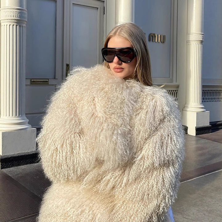 Women Extravagant Oversize Faux Fur Coat with Long Pile Curl Structure Amarae