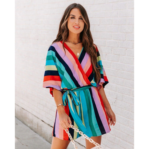 Striped wrap mini dress for women with adjustable belt Amarae