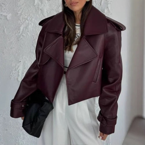 Women's faux leather jacket, trendy, with an oversized fit and wide collar Amarae