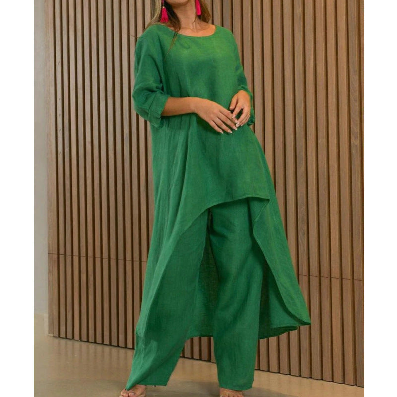 Women Lightweight Linen Two-Piece with Asymmetrical High-Low Tunic and Wide Palazzo Pants Amarae