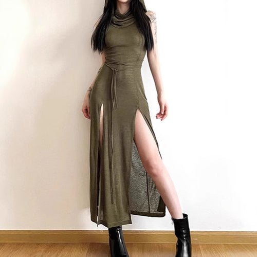 Ladies Elegant Maxi Dress with High Split and Chic Hood