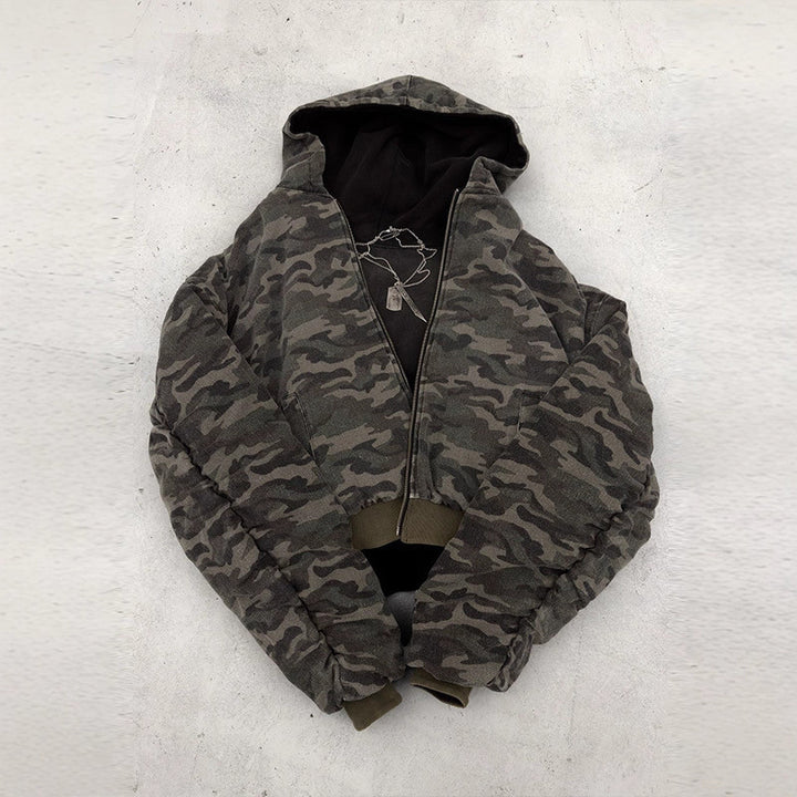 Oversized camouflage jacket for women with hood and zipper Lune London