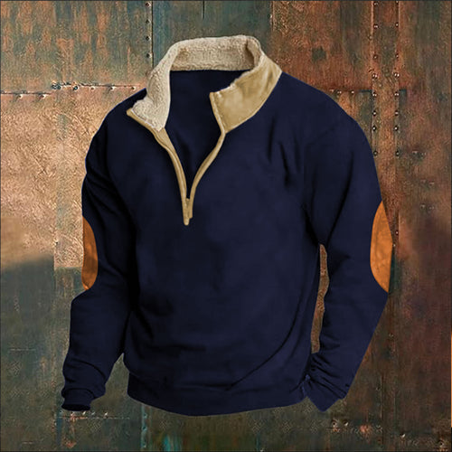Fleece sweater for men with a stylish leather collar and elbow patches Amarae