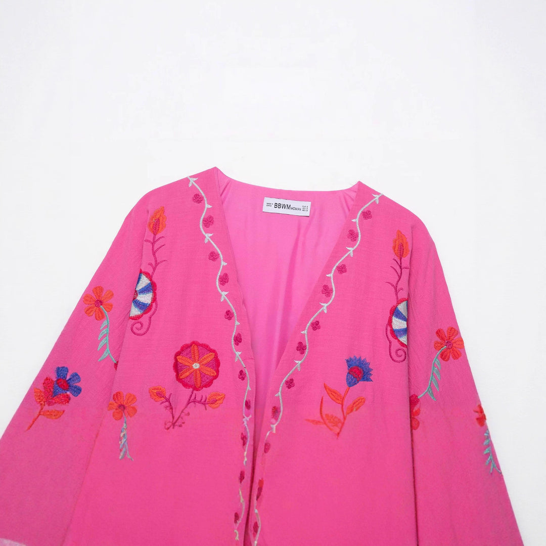 Women's Oversize Light Cotton Cardigan with Colorful Floral Embroidery Amarae