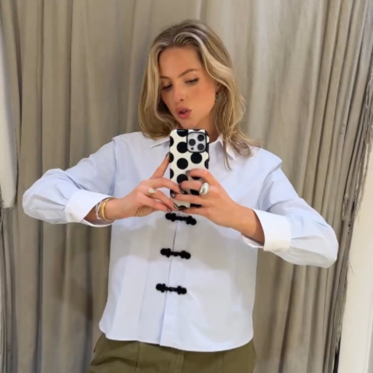 Women’s short cut poplin shirt blouse with stand-up collar and decorative cord knot closures Amarae