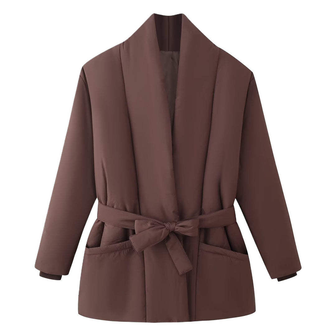 Ladies Quilted Short Jacket with Shawl Collar and Waist Belt Amarae