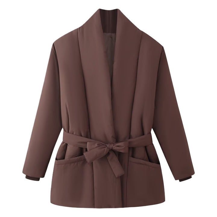 Ladies Quilted Short Jacket with Shawl Collar and Waist Belt Amarae
