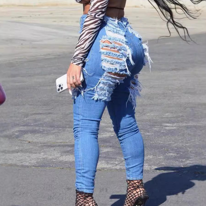 Women's high-waisted skinny jeans with intense fringe and slit details Amarae