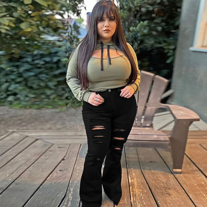 Women High-Waisted Destroyed Flared Jeans with Raw Hem and Fringe Details Amarae