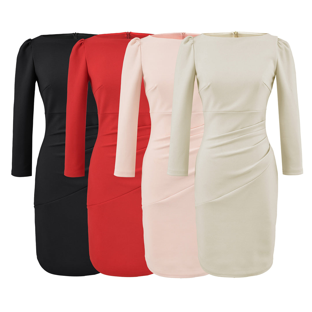 Women Figure-hugging Midi Dress with Gathered Wrap Look and Long Sleeves Amarae