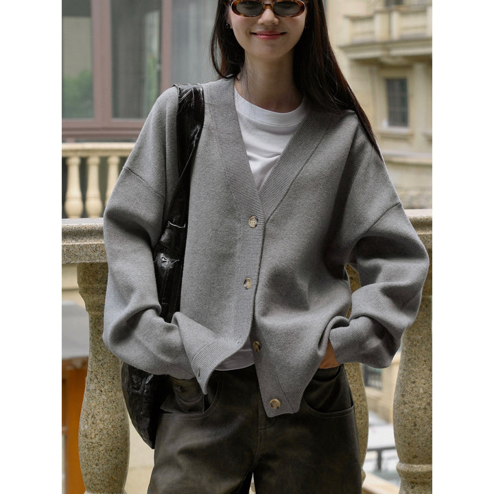 Women's Loose V-Neck Cardigan made of fine cotton blend with drop shoulder and button placket Amarae
