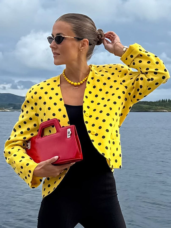Women’s short blazer in vintage dot pattern, boxy cut & lightweight linen mix Amarae