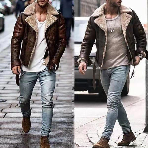 Men's leather jacket with an elegant faux fur collar Amarae