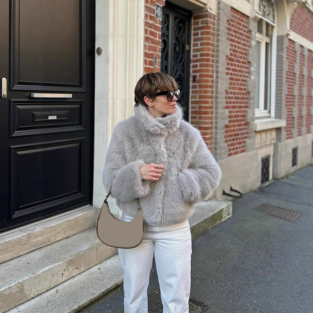 Women Short Boxy Jacket made of high-pile faux fur with high shawl collar Amarae