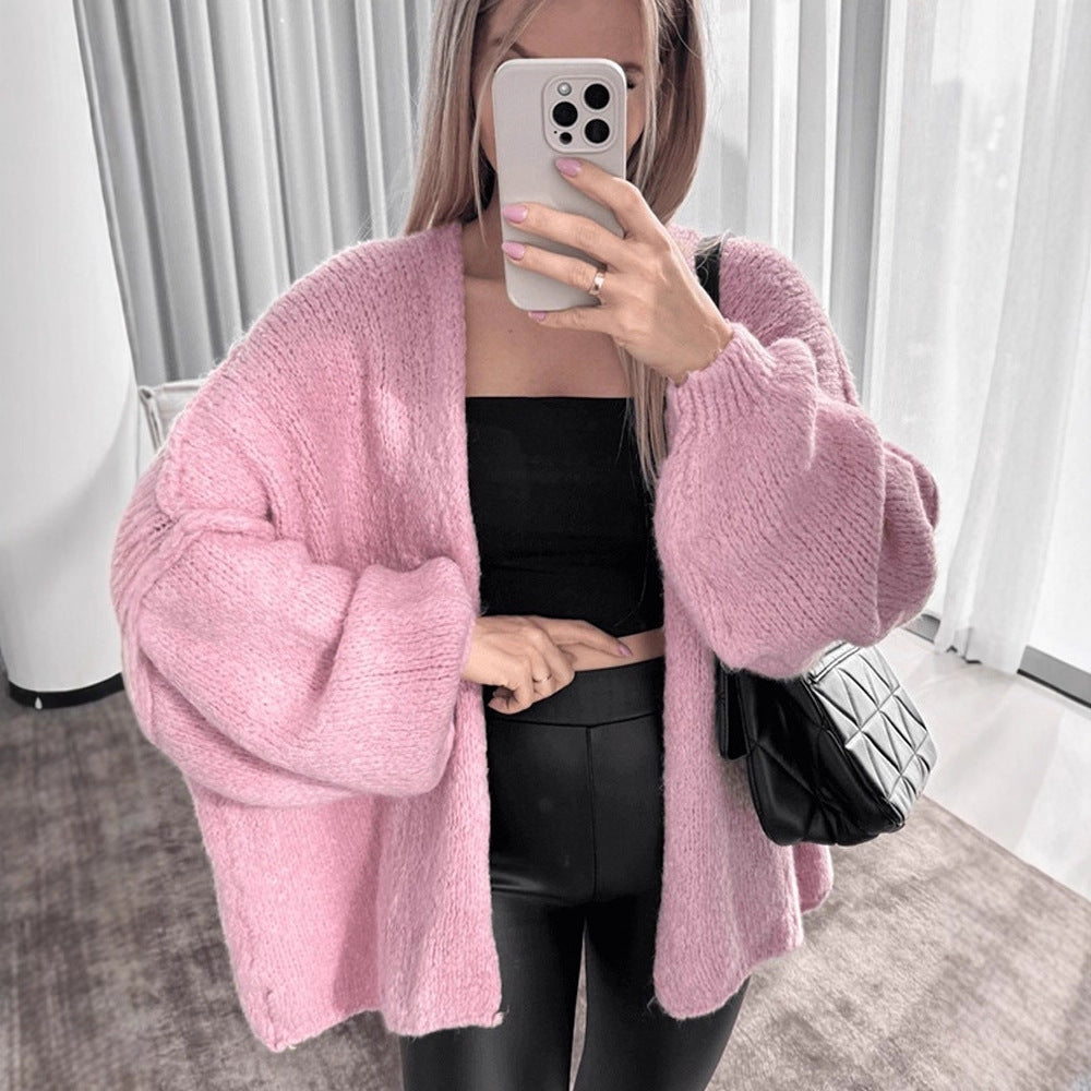 Women's Oversize Knit Cardigan with Voluminous Balloon Sleeves and Teddy-like Texture Amarae