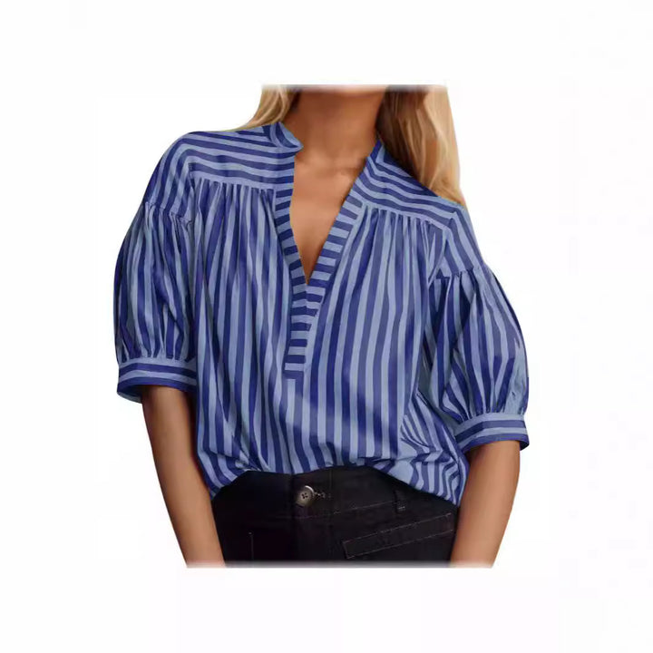 Puff sleeve blouse for ladies with V-neck and striped pattern Lune London