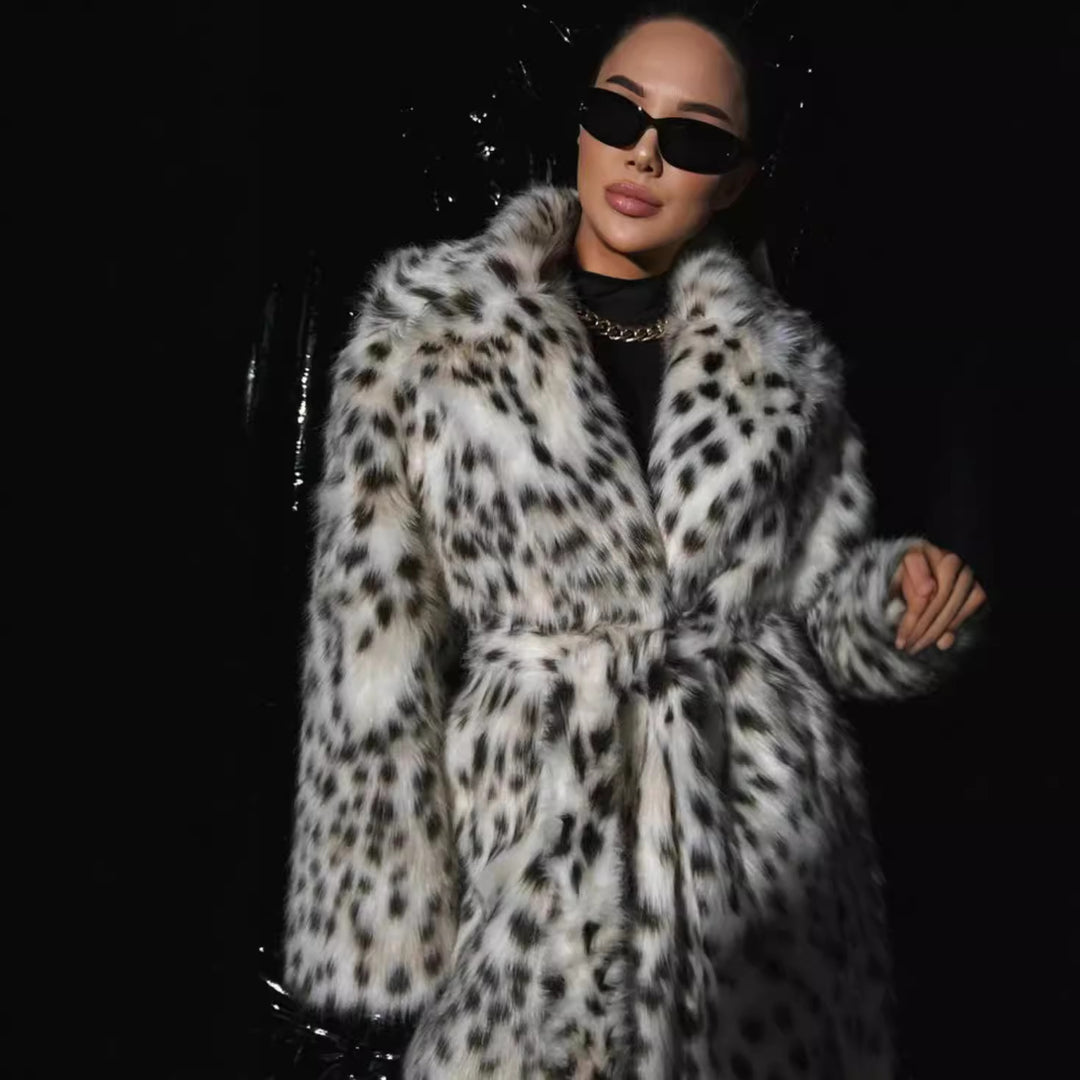 Ladies Luxurious Leopard Print Faux Fur Coat Amarae