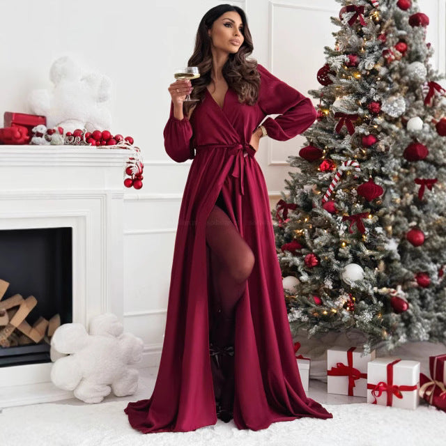 Elegant maxi dress with high slit for women with wrapped detail Lune London