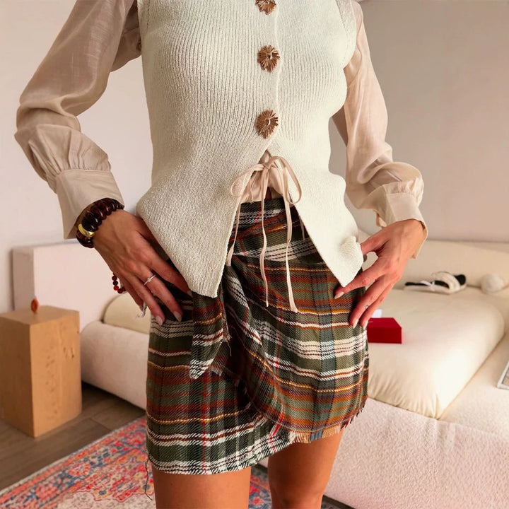 Women Checkered Wrap Mini Skirt with Fringes and High Waist Amarae