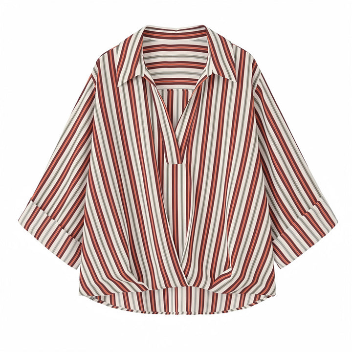 Women's loosely cut wrap blouse with shirt collar, three-quarter sleeves, and stripe pattern Amarae