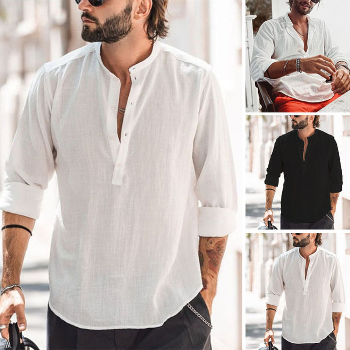 Men Casual Long Sleeve Shirt with Stand Collar and Practical Button Details Lune London