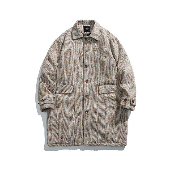 Unisex Kastiger Oversize Wool Blend Coat with Herringbone Pattern, Shirt Collar and Button Placket Amarae